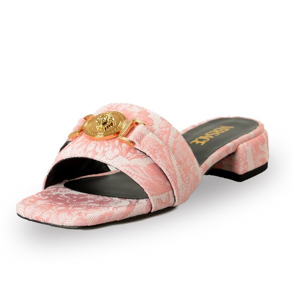 Versace Women's Baby Pink Gold Medusa Jacquard Sandals Mules Shoes US 9 IT 39